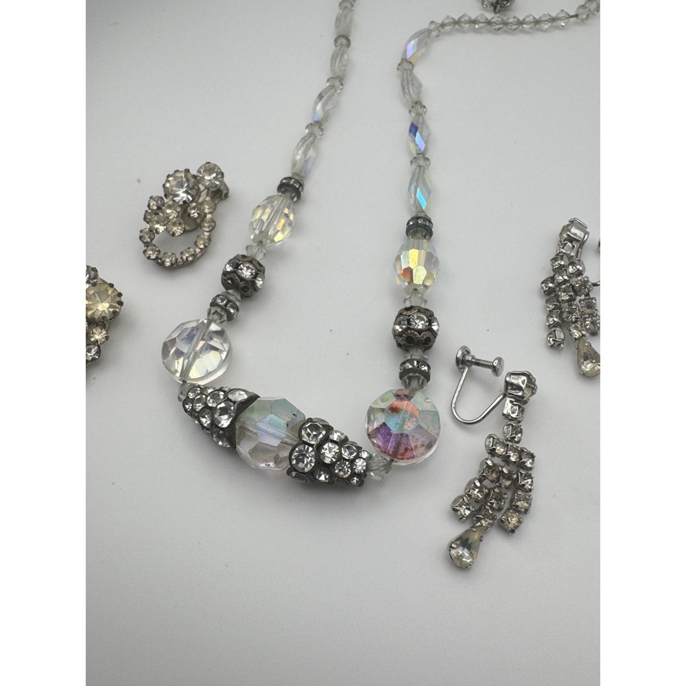 Vintage AB Necklace Earring Lot Aurora Borealis Rondelle 20"